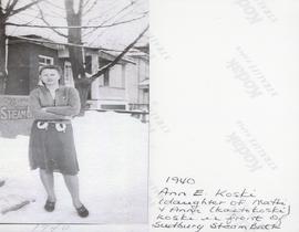 1940 - Ann E. Koski (daughter of Matti + Anna (Kantokoski) Koski in front of Sudbury Steam Bath