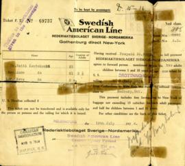 Ticket F.T. No. 69737 Swedish American Line Rederiaktiebolaget Sverige-Nordamerika Gothenburg direct New-York